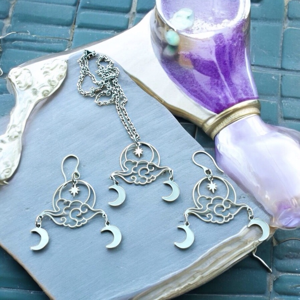 🆕 Clouds Moon and Stars Laser Cut Necklace and Earrings Set Stainless Steel